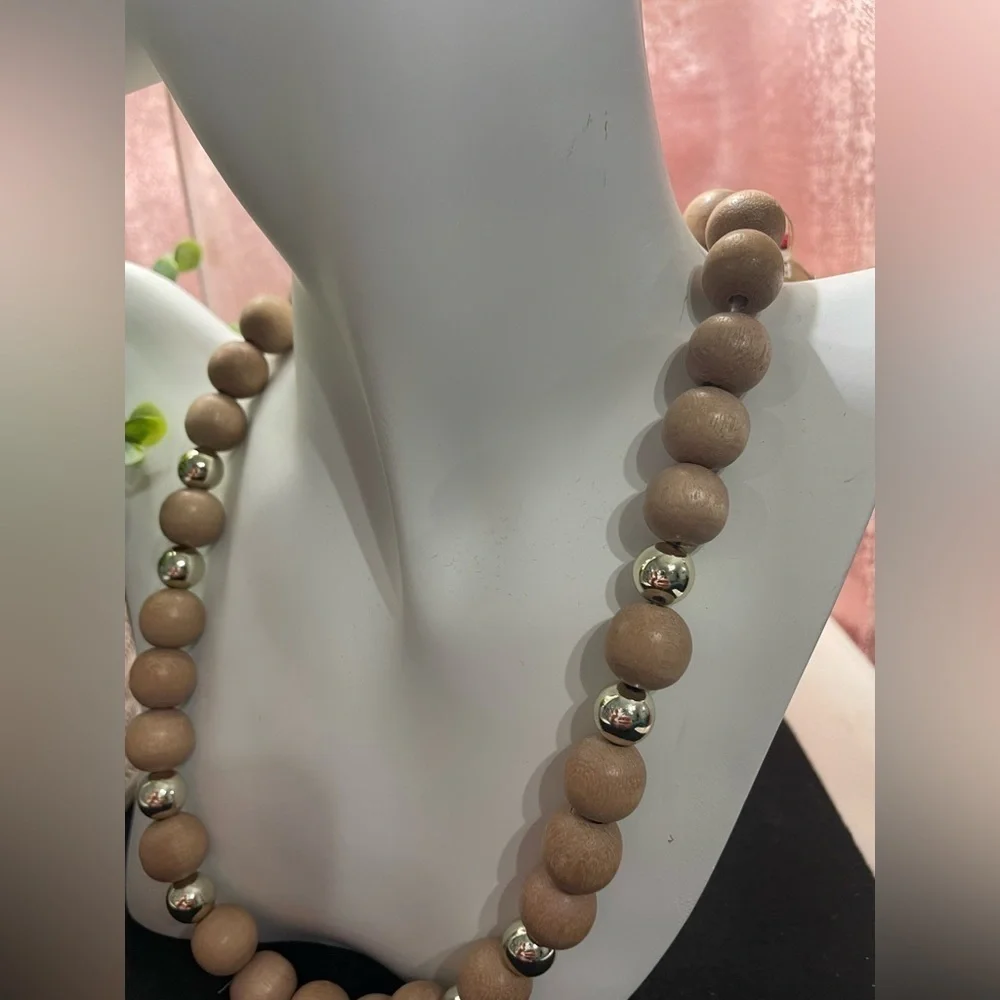 Medium Wooden and Gold Beaded Necklace Handcrafted Jewelry